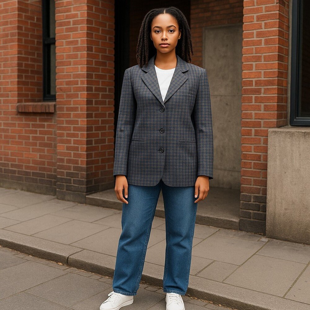 Adolfo Studio Women’s Blazer 14P Wool Look Navy Green Tweed Plaid Lined Career